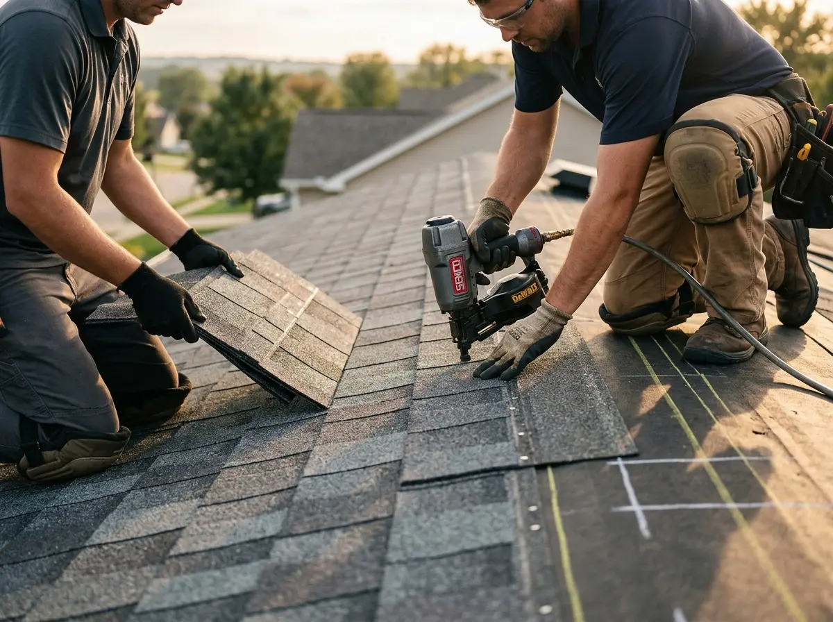 Professional roofer working on a residential roof in Nottingham